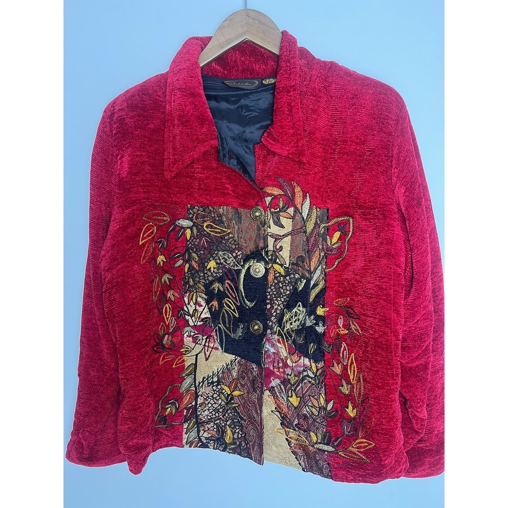Vtg Alex Kin Red Chenille Tapestry Patchwork Jacket Wm 1X Embroidered Boho Artsy
